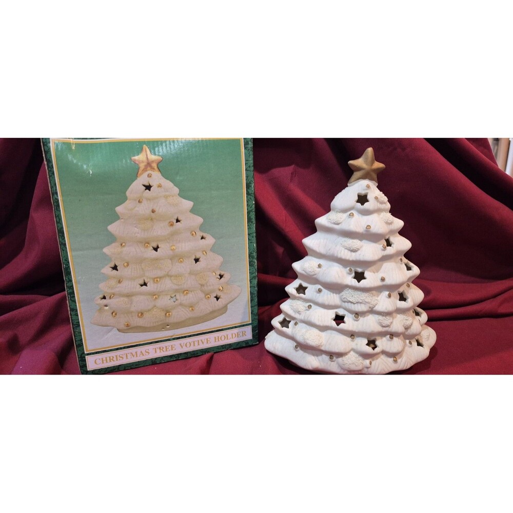 Holiday Collections Ceramic Christmas Tree Votive Holder #81342 White Gold Stars